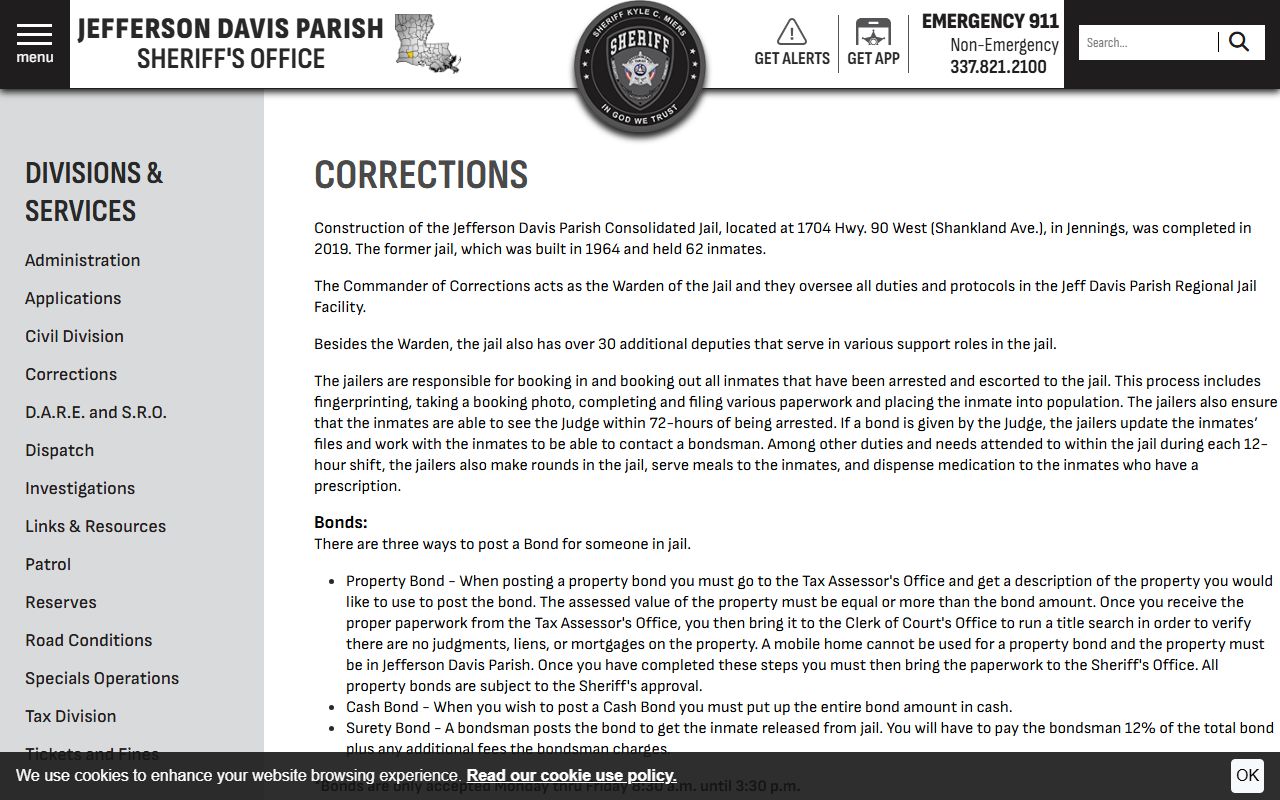 Jefferson Davis Parish Consolidated Jail corrections page and inmate services