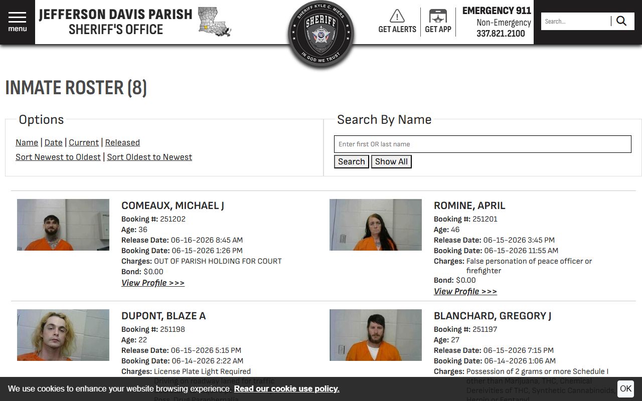 Jefferson Davis Parish release roster with recent booking photo records